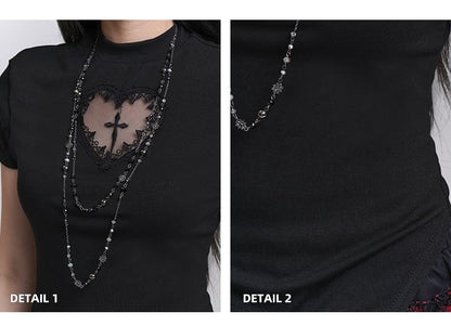 Print T-shirt Black Mock Neck Heart-shaped Cutout Cross