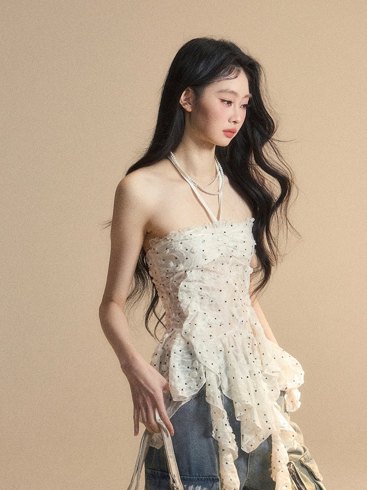 Volant Saum Weiß Glamourös Neckholder Polka Dot Top Muster Asymmetrische Trägerlosen