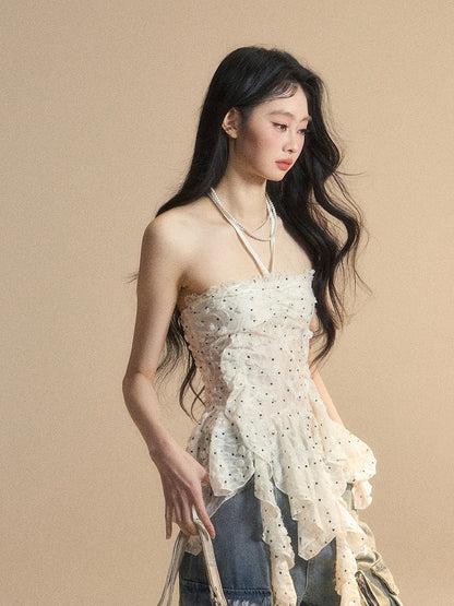 Volant Saum Weiß Glamourös Neckholder Polka Dot Top Muster Asymmetrische Trägerlosen