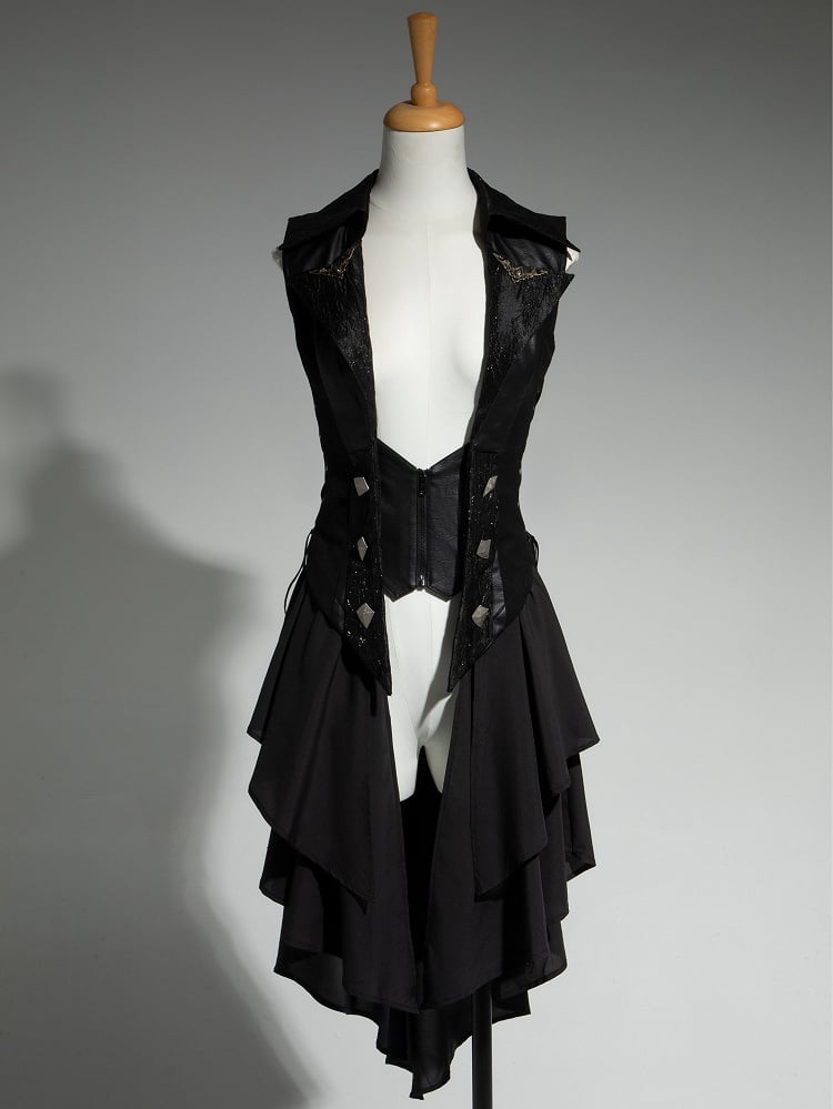 Kaskadierende Weste Lolita Ouji Fashion Rüschenschleppe mit abnehmbarem Gothic-Schwarz