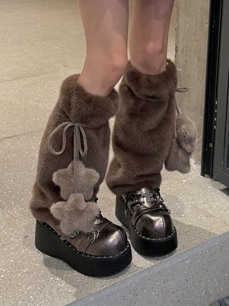 Süße Beinwärmer aus Plüsch in Weiß/Gelb/Rosa/Blau/Braun mit sternförmigen Pompons