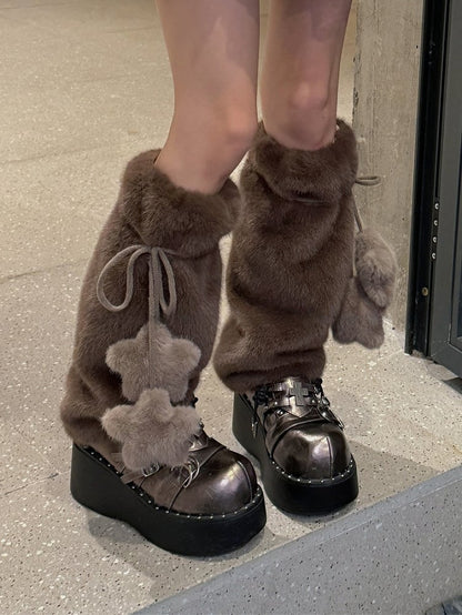 Süße Beinwärmer aus Plüsch in Weiß/Gelb/Rosa/Blau/Braun mit sternförmigen Pompons