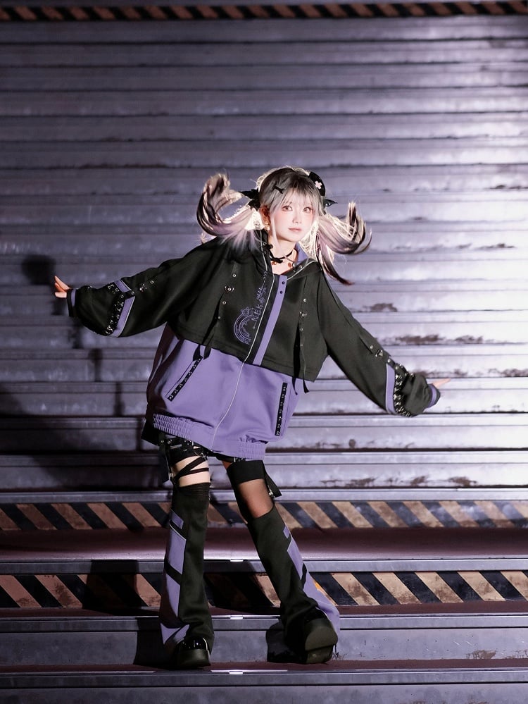 Panel Black with - Futuristic Techwear Detachable Kei Cat-Ear Purple Jirai Jacket Hood Streetwear