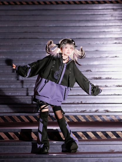 Purple J-Style Set: Futuristic Detachable Cyberpunk Black Jacket and Coord