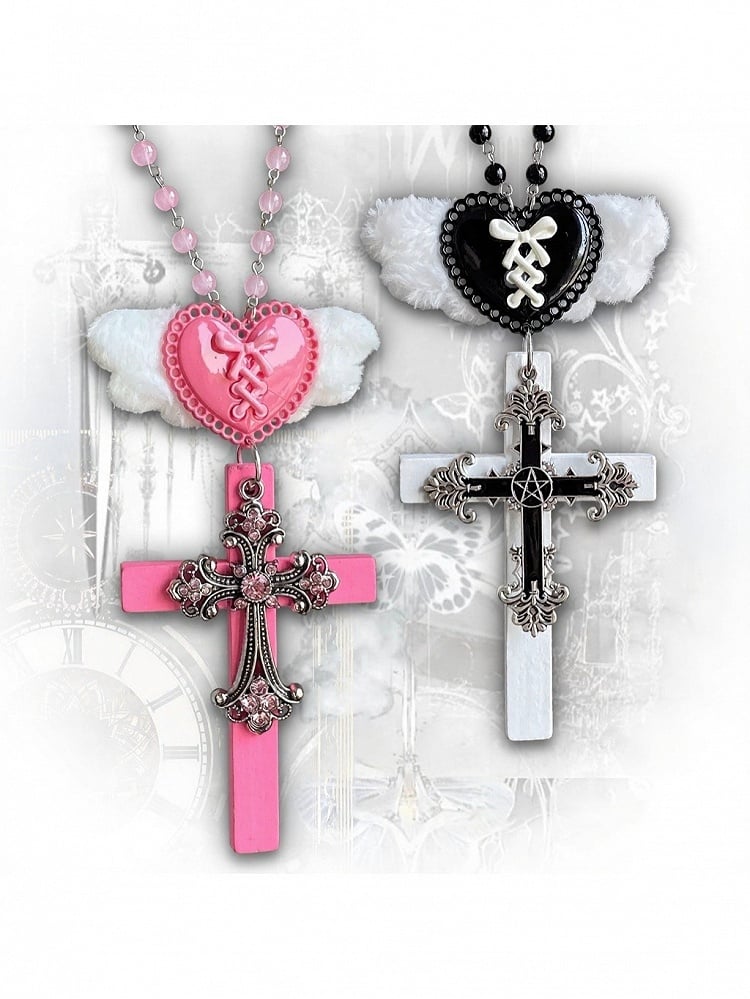 Black & White Y2K Heart Wing Cross Necklace - Kiwi Store