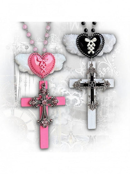 Black & White Y2K Heart Wing Cross Necklace - Kiwi Store