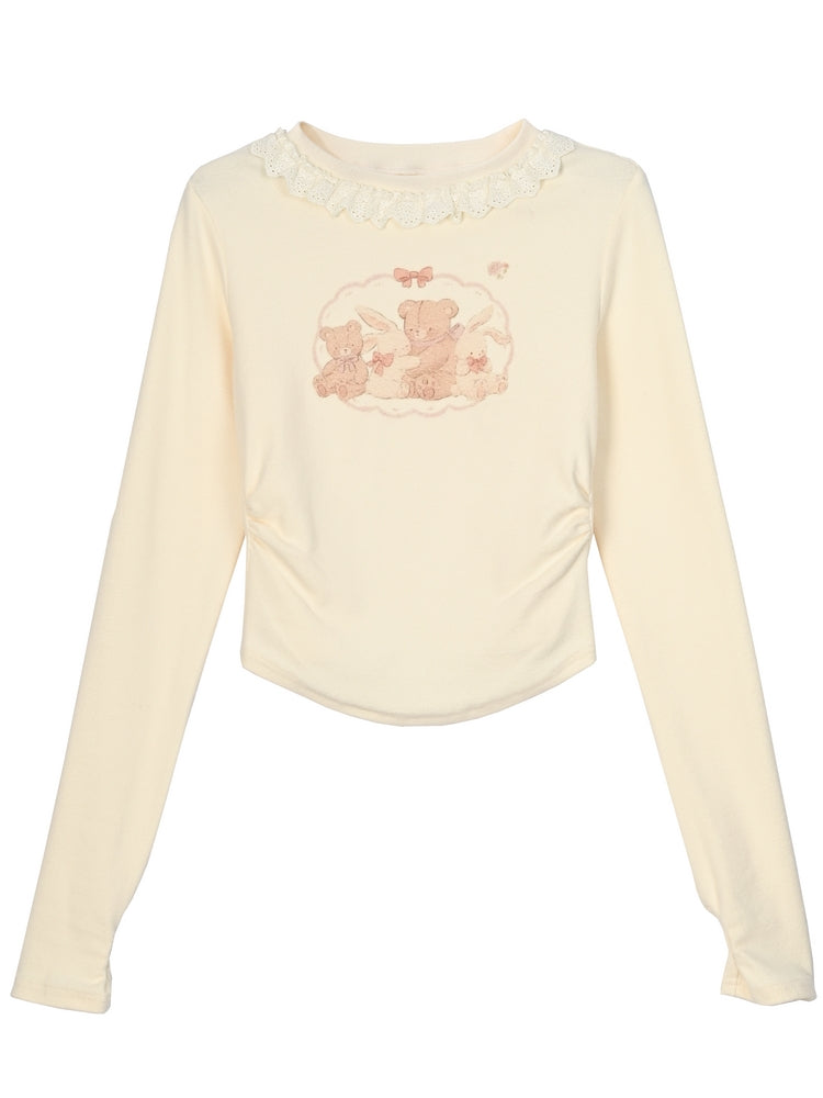Apricot Bunny und Teddybär Langarm Top gerüscht
