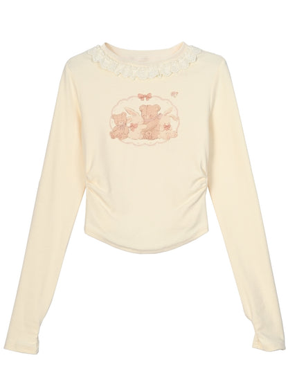Apricot Bunny und Teddybär Langarm Top gerüscht