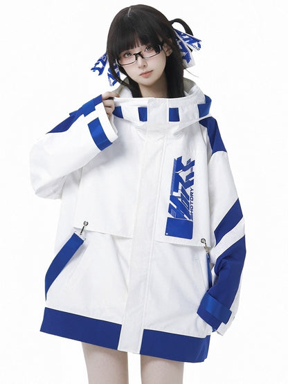 Blue and White Jirai Kei  Techwear Straps Design Hooded Windbreaker Jacket