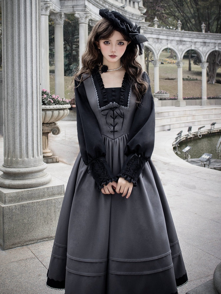 Elegantes Lolita-Kleid mit quadratischem Ausschnitt und langen Bischofsärmeln in Schwarz und Grau