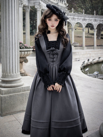 Elegantes Lolita-Kleid mit quadratischem Ausschnitt und langen Bischofsärmeln in Schwarz und Grau