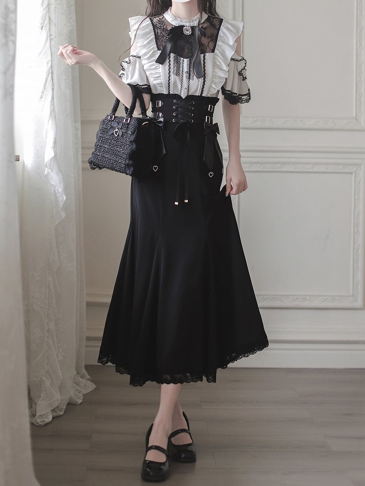 Waist Kei Front Skirt Mermaid Black Lace-up High with Jirai