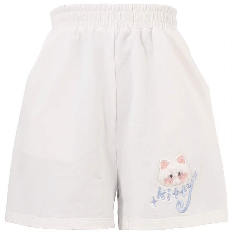 Weiße Freizeitshorts mit elastischer Taille und Kätzchen-Applikation