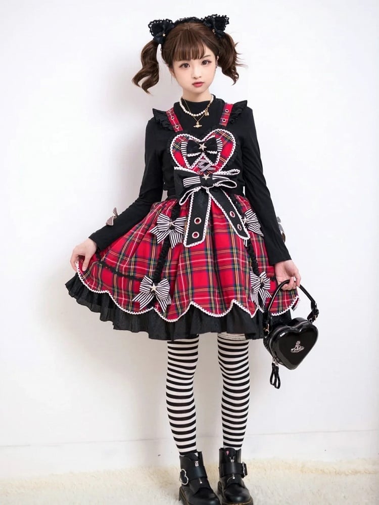 Punk Heart-Bodice Skirt Flutter Bowknots Straps Jumper Lolita with Red Plaid Striped