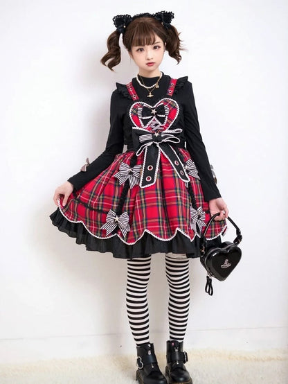 Punk Heart-Bodice Skirt Flutter Bowknots Straps Jumper Lolita with Red Plaid Striped