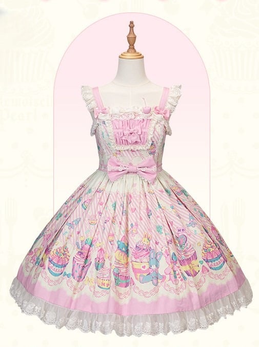 Flutter and Lace Prints Sweet JSK Pink Dress White Trim Sleeves with Lolita Cupcake
