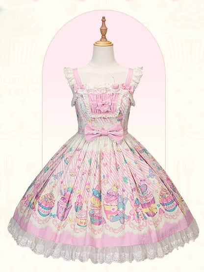 Flutter and Lace Prints Sweet JSK Pink Dress White Trim Sleeves with Lolita Cupcake