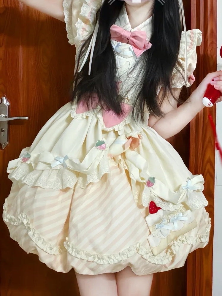 Beige Hairband Apron Full OP Sleeves Pink Skirt with Stripe Cake Dress Decor Adorable Bubble Brooch Bow Puppy + Lolita Set Train Detachable