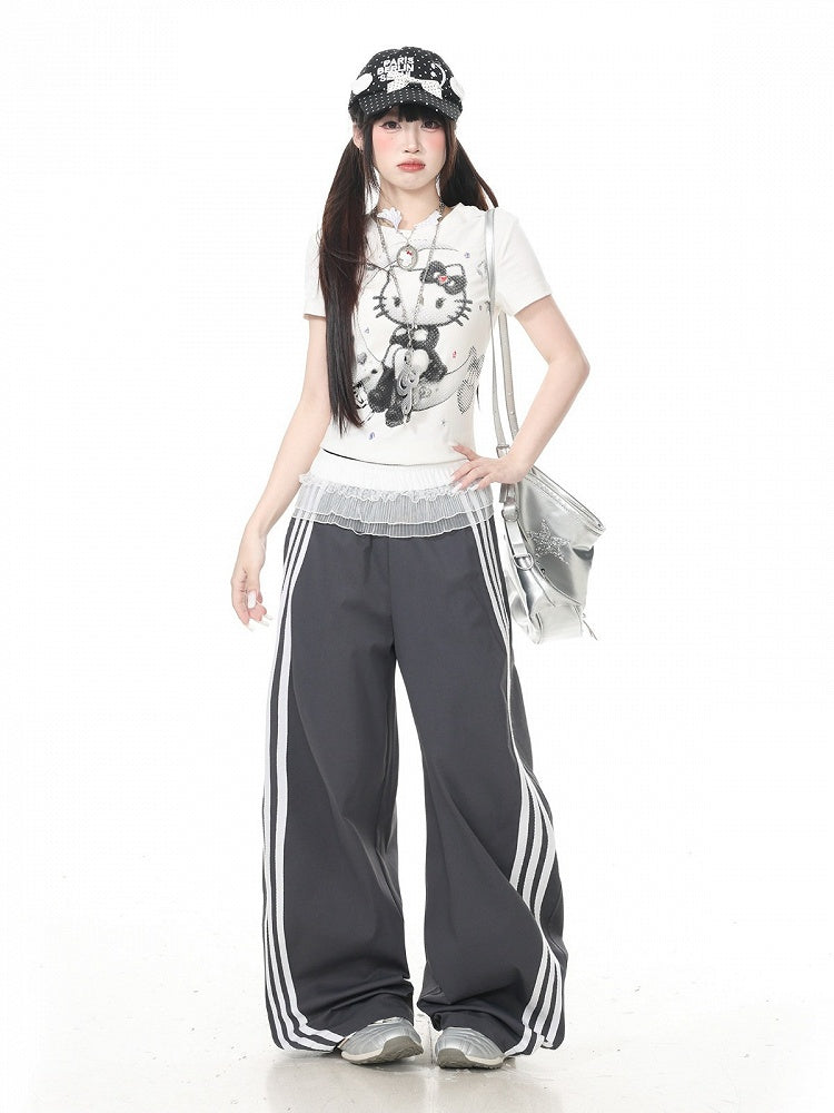 Black Striped Wide Leg Trousers with Layered Tulle Skirt - Languid Park