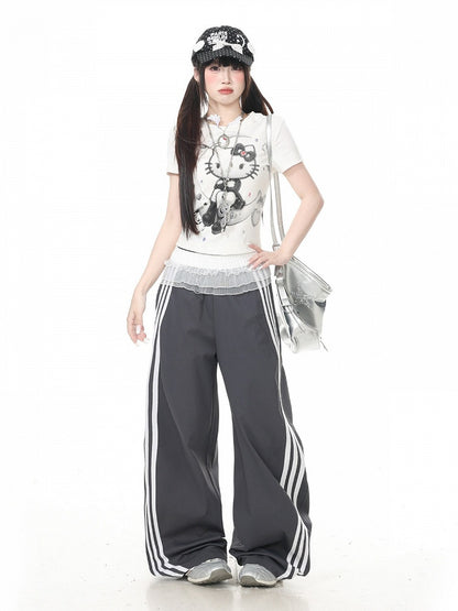 Black Striped Wide Leg Trousers with Layered Tulle Skirt - Languid Park