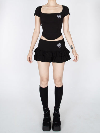 レッド/ブラック ローウエスト ティアードフリル グラマラス ミニスカート