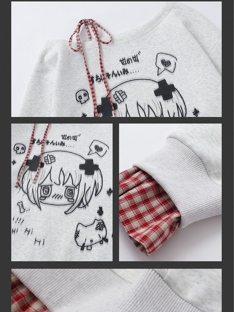 Black/White Asymmetrical Neckline Yami Kawaii Top Plaid Cuffs