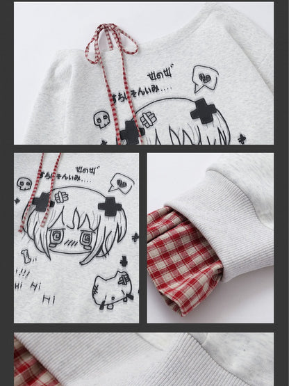 Black/White Asymmetrical Neckline Yami Kawaii Top Plaid Cuffs