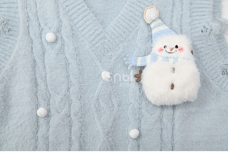 Cute Snowman Adorned Blue V-neck Mohair Vest