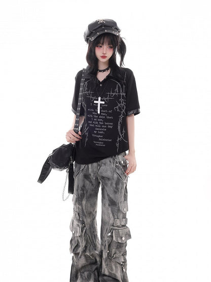 Dark Kawaii Black Polo Collar Short Sleeve Top with Letter Print - KNOW8 Online Shop