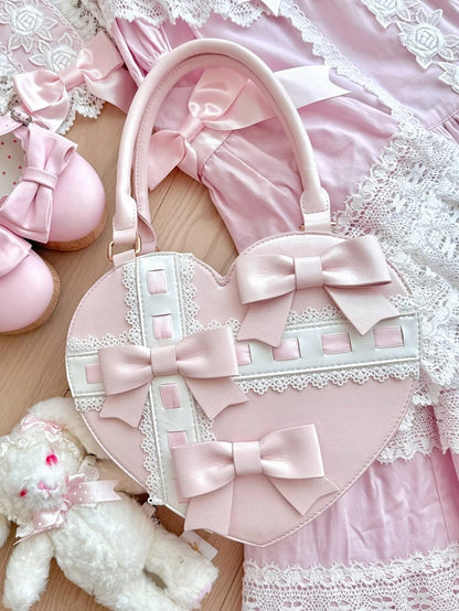 Tasche Abstrakt PU Schleife Leder mit Herz - Hand Süße Lineare Akzente Kreuz Rosa Lolita Design
