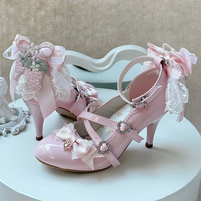 Leichte, elegante Lolita-Absätze aus Leder mit rosa Schleifen aus PU