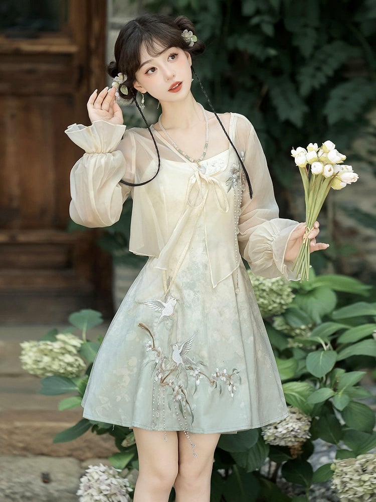 Sheer Top Set with Light Green Sleeveless Dress, Floral and Bird Embroidery, Modern Chinese Style - Han Ru Chu Hanfu &amp; Han-Element Studi