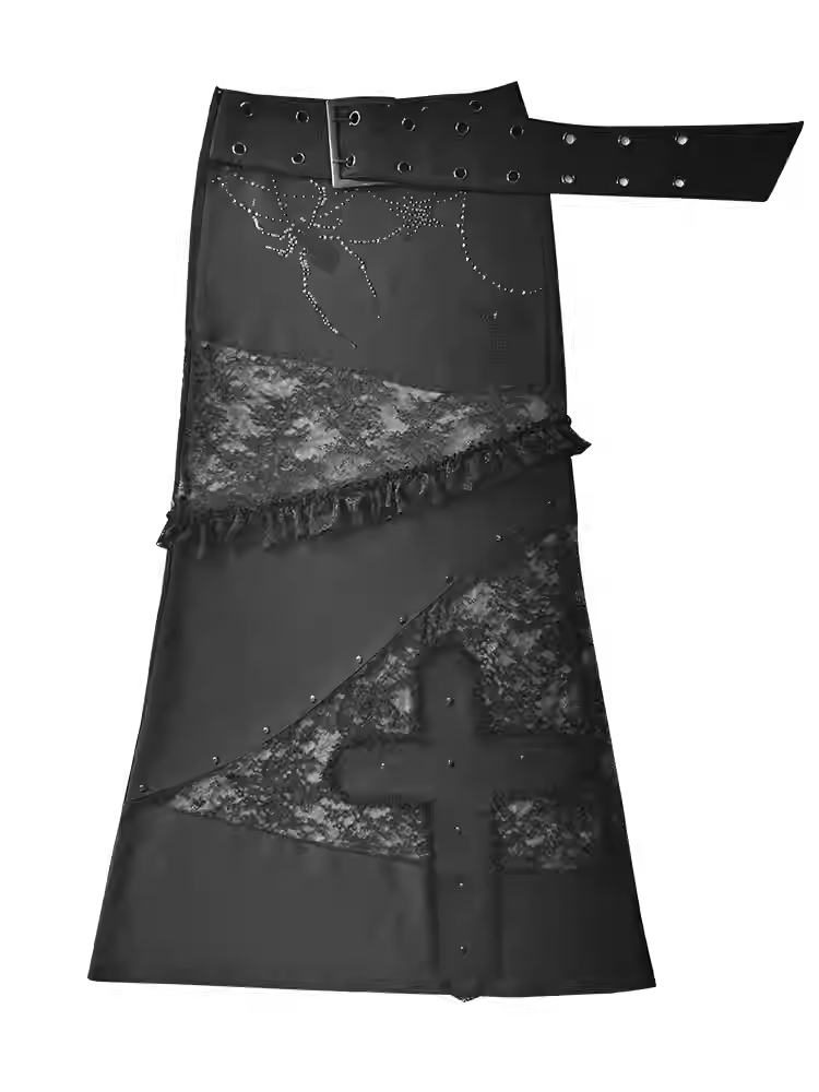 with Waist Lace Patches Cross Punk Belt Applique Buckle Skirt Black Low