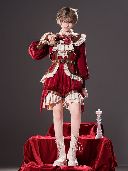 Pieces Set-Beige Ouji Aristocrat Lolita Waist Fashion Red Shirt+Coat+High Christmas Three Shorts