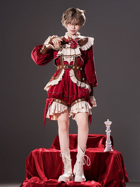 Pieces Set-Beige Ouji Aristocrat Lolita Waist Fashion Red Shirt+Coat+High Christmas Three Shorts