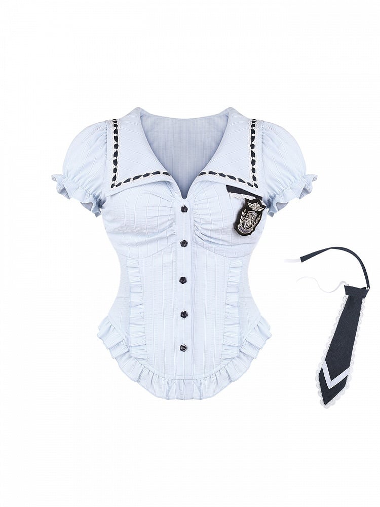 Sleeve Detailing Curved and with Hem Striped Puff Blue Ruffle Blouse