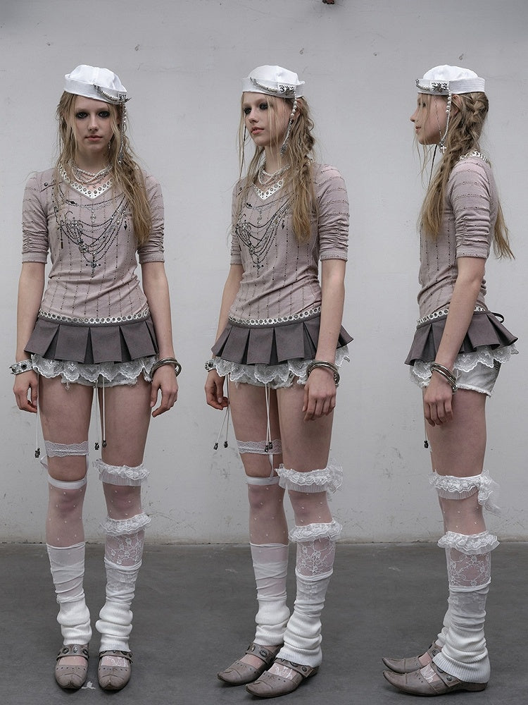 Muster Langer V-Ausschnitt Strass Gestreift Rosa/Blau Ärmel Punk Design Top Halskette Wasteland