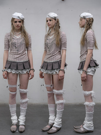 Muster Langer V-Ausschnitt Strass Gestreift Rosa/Blau Ärmel Punk Design Top Halskette Wasteland