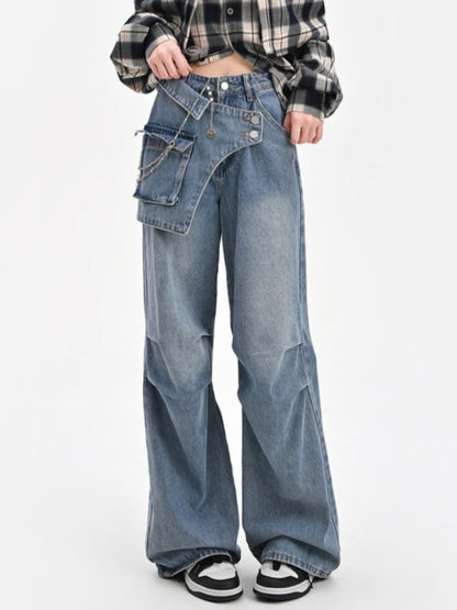 Wide-Leg Jeans Taillendesign Blau Asymmetrisch