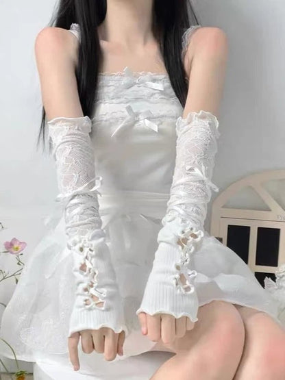 Cross-Tie Cuffs Lace Wrist Colors: Style Lolita White Long (2