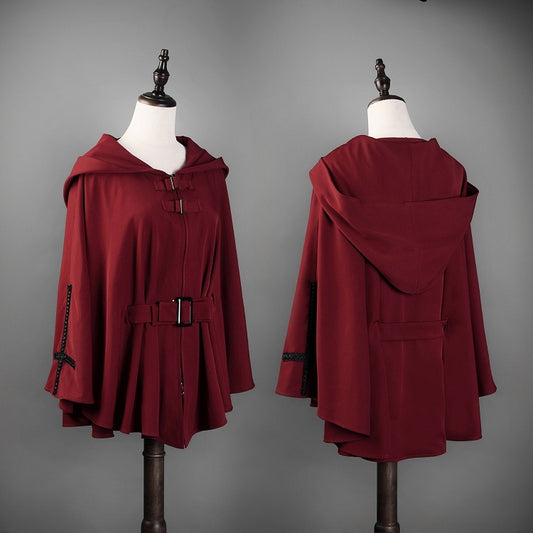 Red Gothic Nun Lolita Hooded Cape Coat