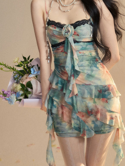 Contrast Floral Cami Dress Blue Asymmetrical Ruffled Hem Trim Lace Black