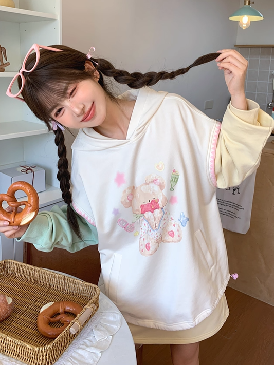 秋と裾のグリーンイエローカラーブロックデザインテディベアプリントドローストリングパーカー