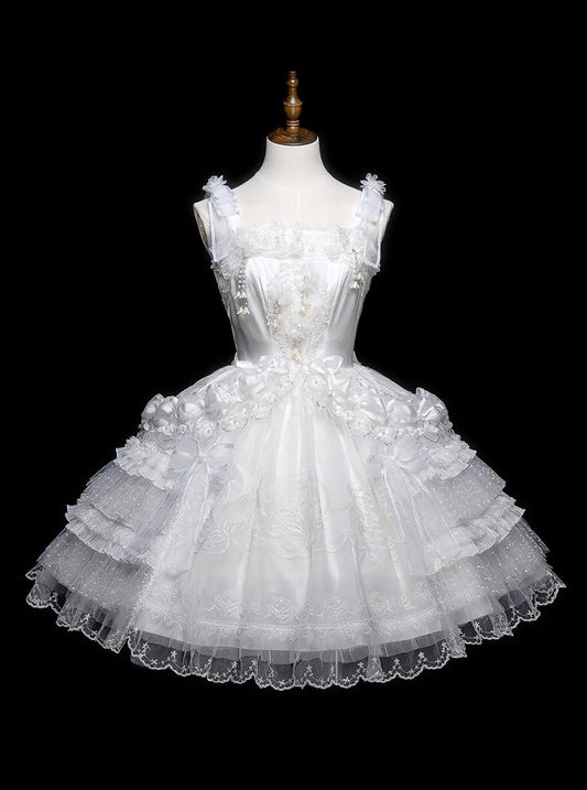 Bead Valley Dress of Lily Bow Embroidered White Sweet with Accents and Lace the Lolita