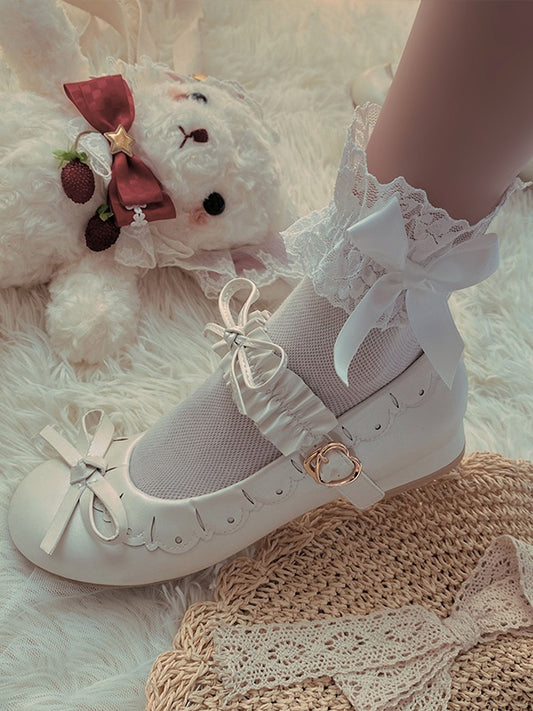 Cotton Socks Bow Breathable White Creamy Lace Trim Decorated