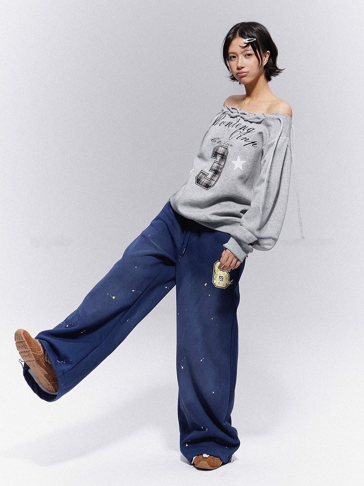 Vintage Blue Wide-Leg Sweatpants with Yellow '6' Print & Paint Splatter | J-Fashion
