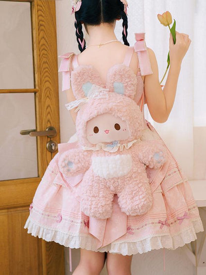 Fluffy Shoulder Pink Backpack Detachable Plush With Straps Bunny
