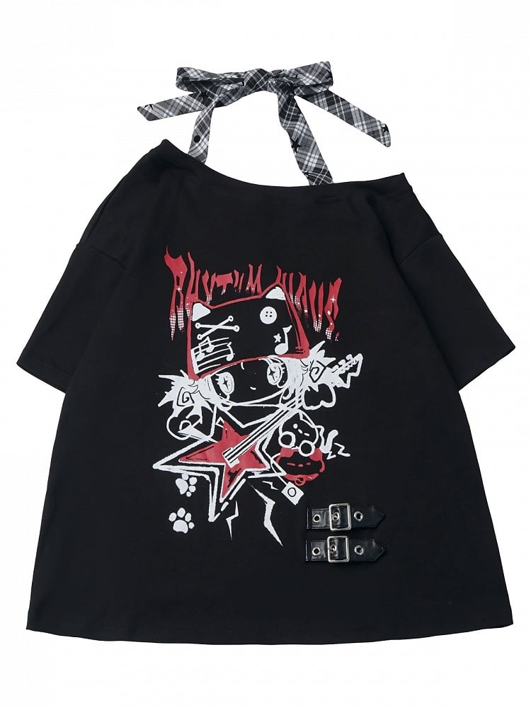 Black Asymmetrical Shoulder T-Shirt with Cartoon Print & Plaid Tie - PINK SAVIOR
