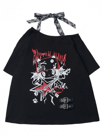 Black Asymmetrical Shoulder T-Shirt with Cartoon Print & Plaid Tie - PINK SAVIOR