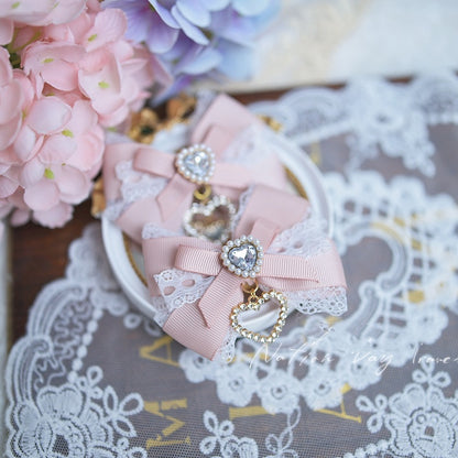 Pink/Black Blue/Dusty White Heart Rhinestone Jirai Kei Bow Hairclips Light